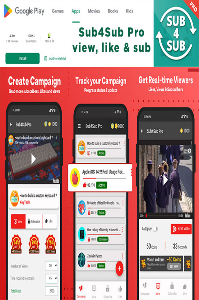 SUB 4 SUB Free Subs Views android app youtube channel CPM method